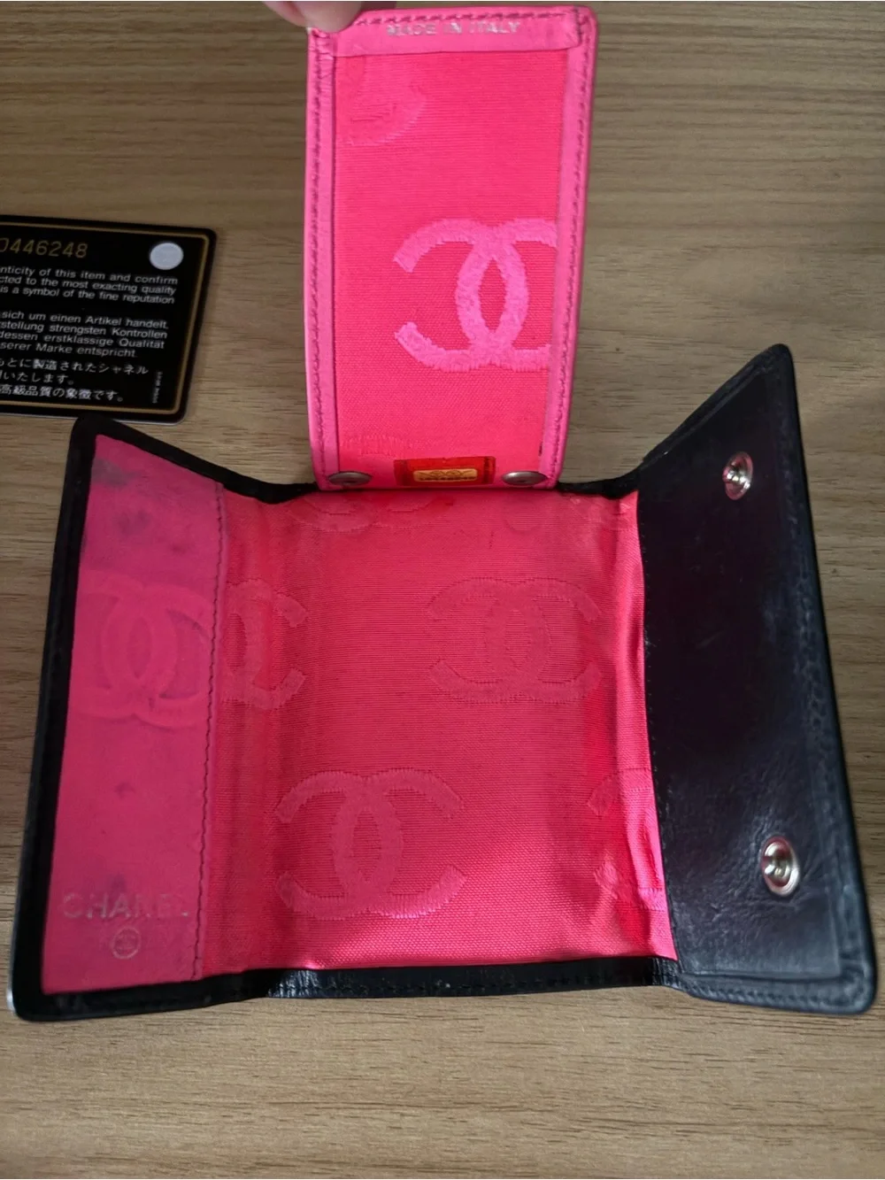 VTG CHANEL CAMBON Black Leather Key Case White CC Pink Interior Box Auth Card